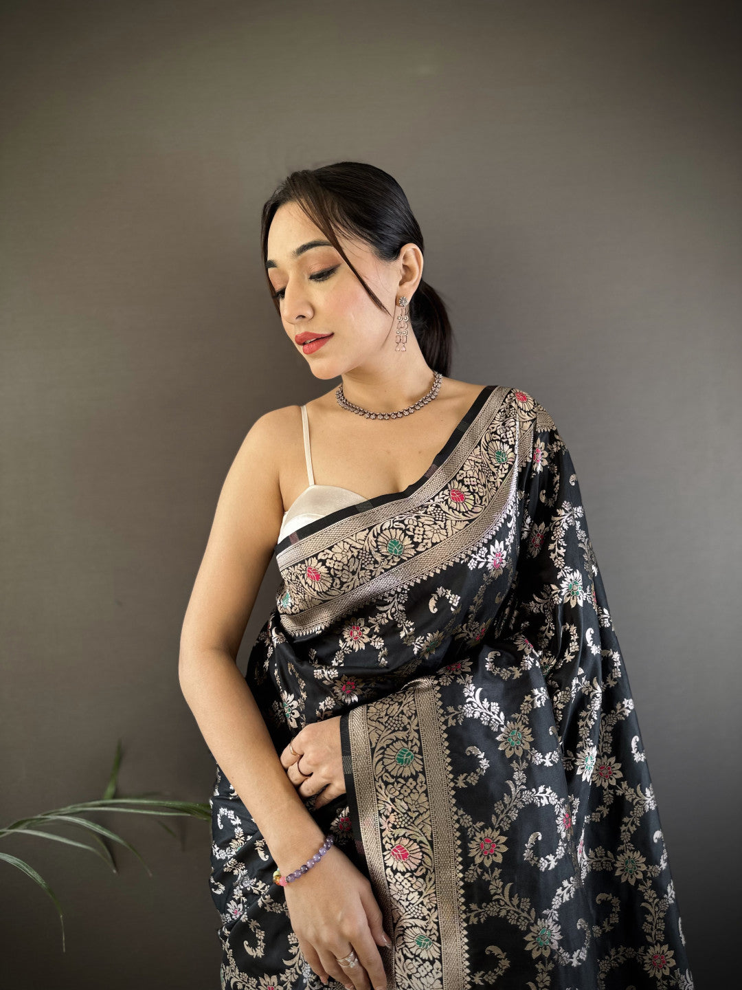 Black Soft Katan Banarasi Silk Saree With Meenakari Zari Weaving Work