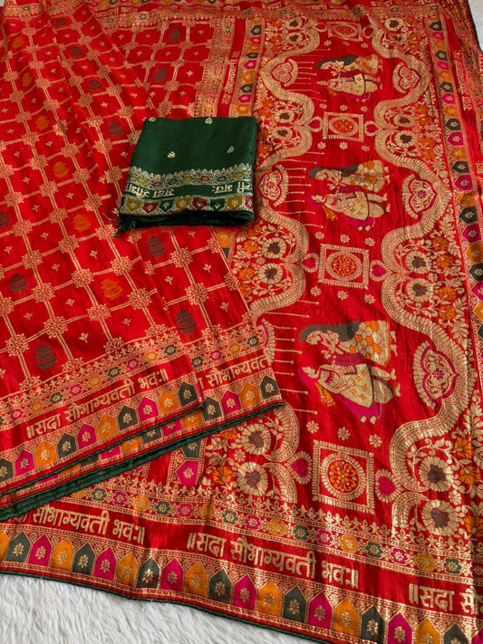 Red Viscose Silk Saree With Meenakari Zari Weaving Work With Contrast Piping
