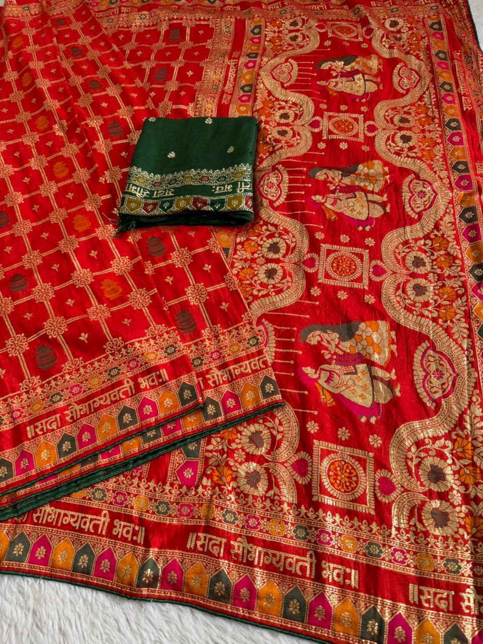 Red Viscose Silk Saree With Meenakari Zari Weaving Work With Contrast Piping