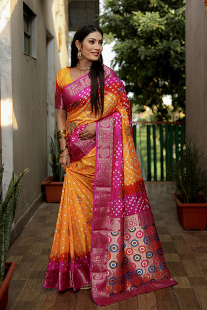 Multi Color Soft Bandhej Silk Saree With Zari Weaving Work
