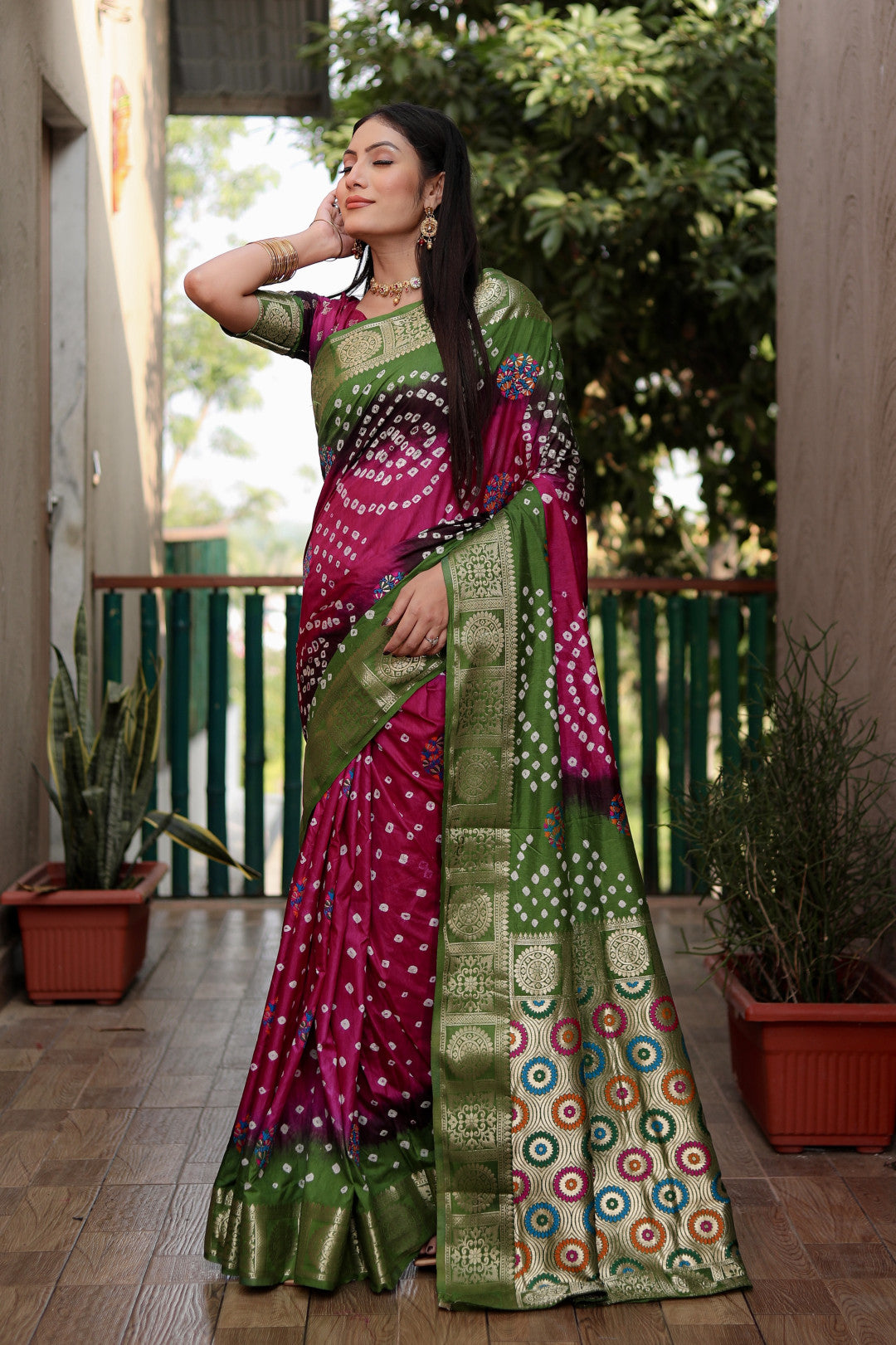 Multi Color Soft Bandhej Silk Saree With Zari Weaving Work