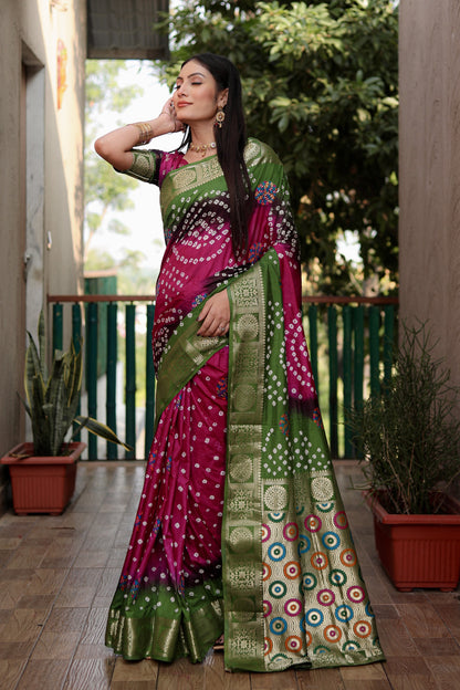 Multi Color Soft Bandhej Silk Saree With Zari Weaving Work