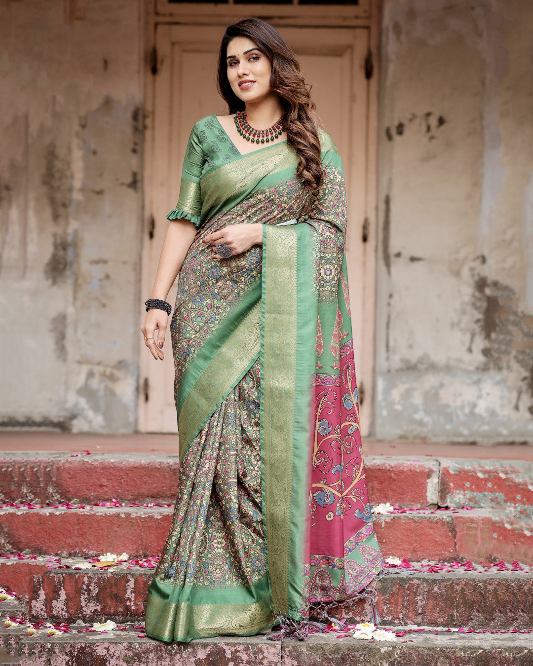 Multi Kalamkari Digital Printed Dola Silk Saree With Gold Zari Border