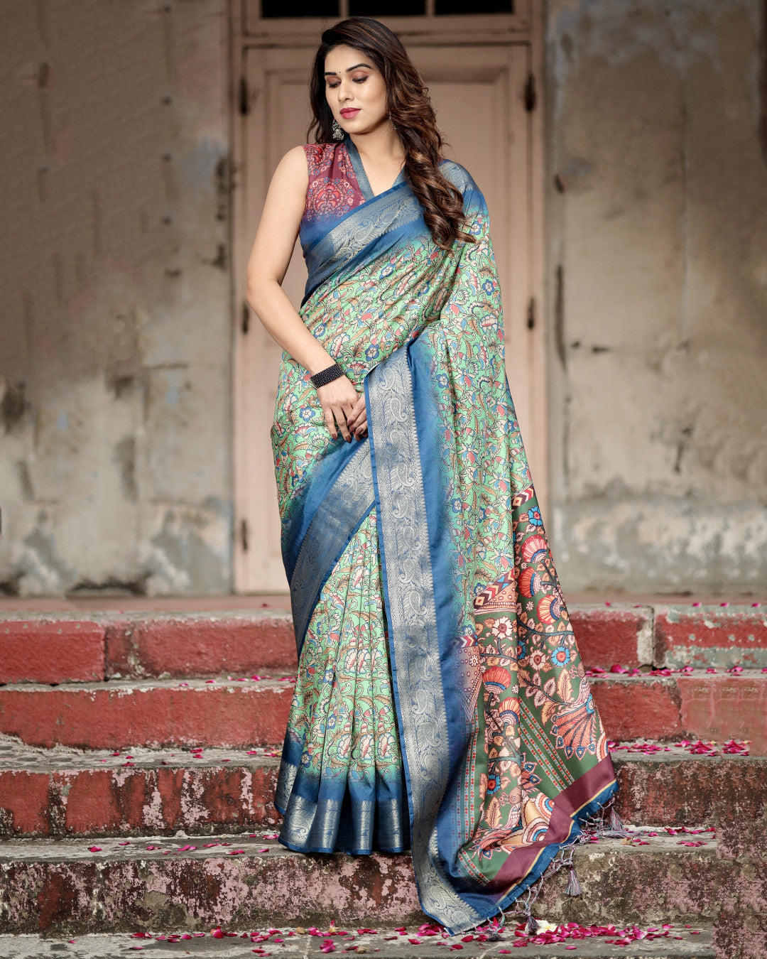 Pista Green Kalamkari Digital Printed Dola Silk Saree With Gold Zari Border