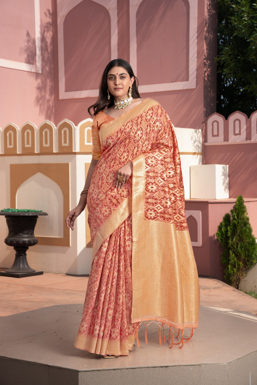 Peach Cotton Ikkat Silk Saree With Zari Woven Work