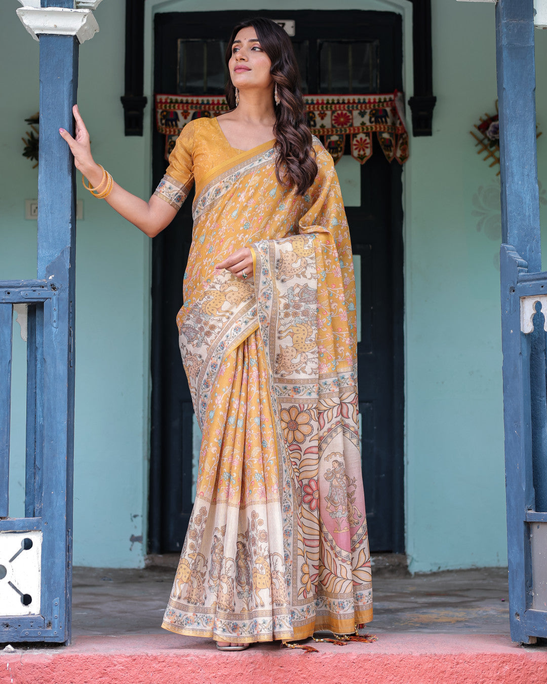 Kalamkari Digital Printed Linen Cotton Saree