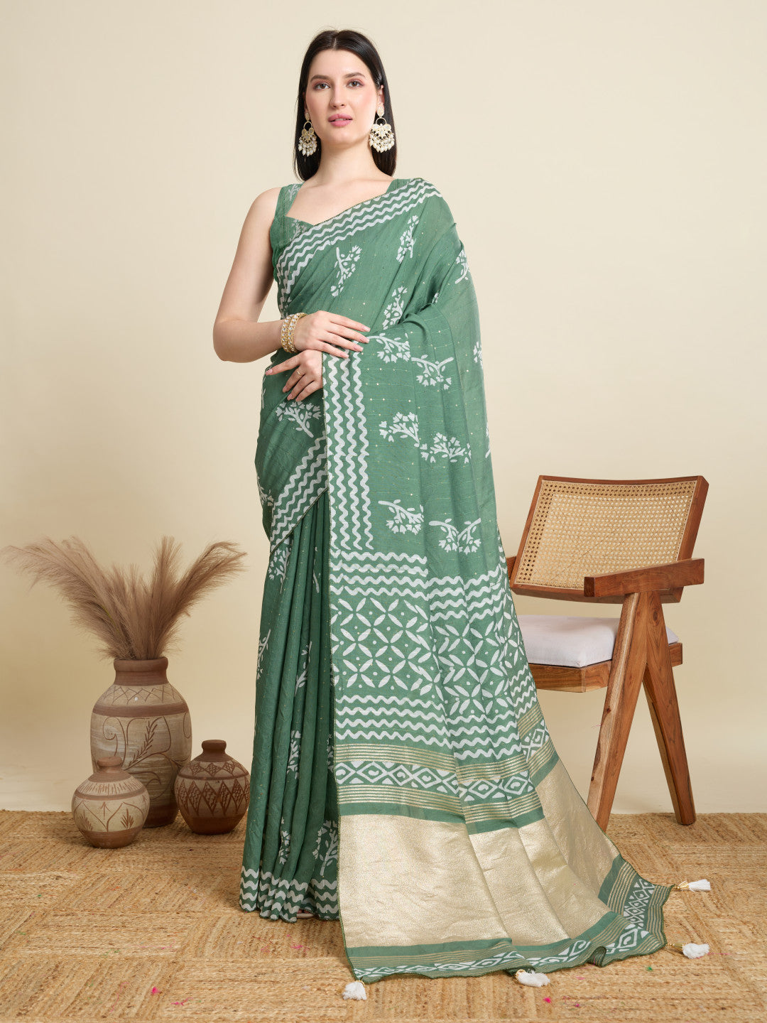 Light Green Batik Printed Soft Cotton Saree With Sequence Work