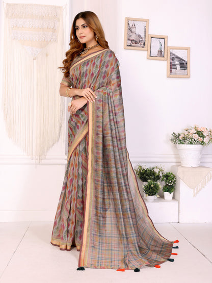 Multi Colour Chanderi Cotton Saree With Digital Printed Work