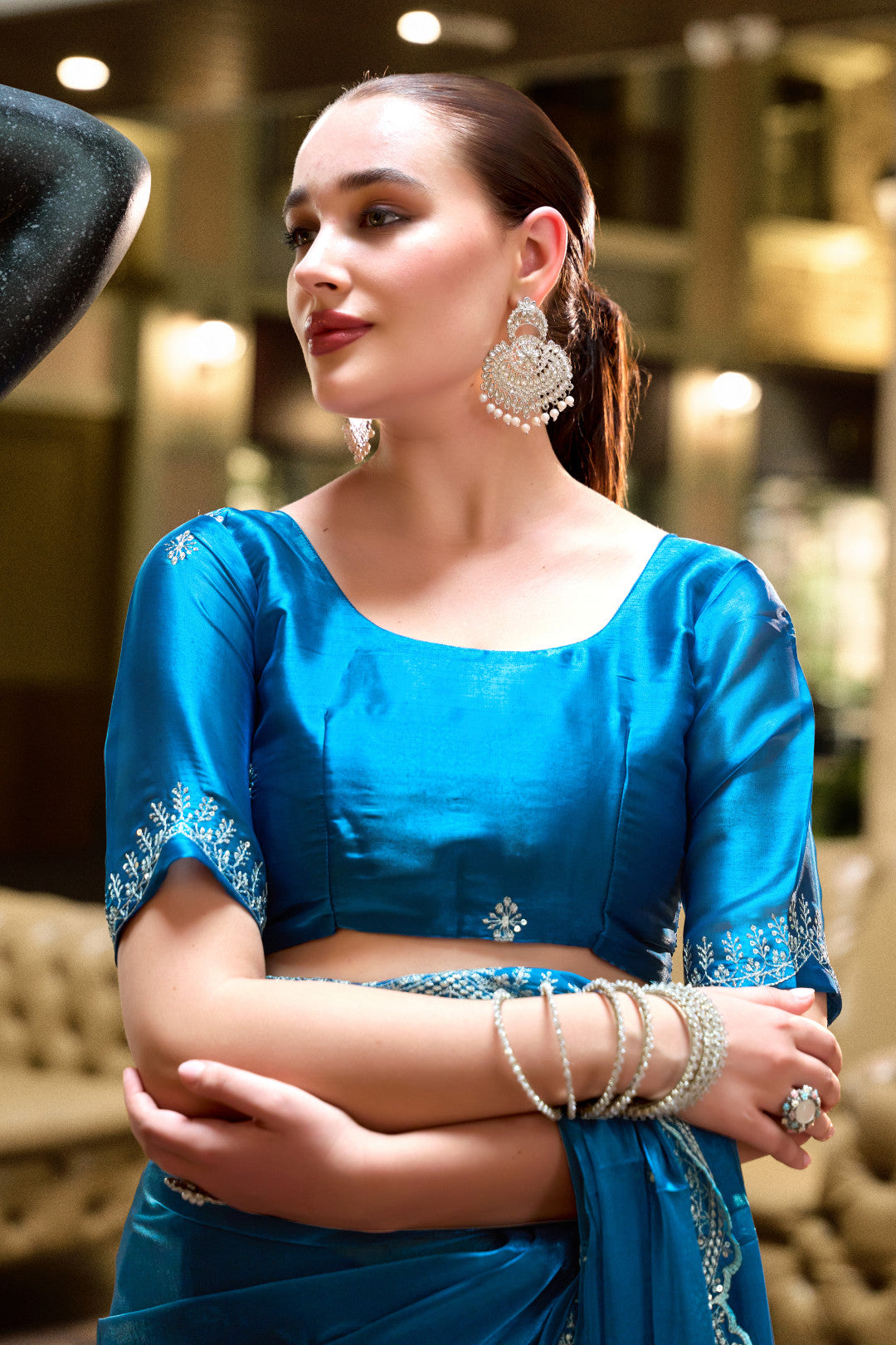 Blue Fancy Shimmer Chiffon Saree With Embroidery Work