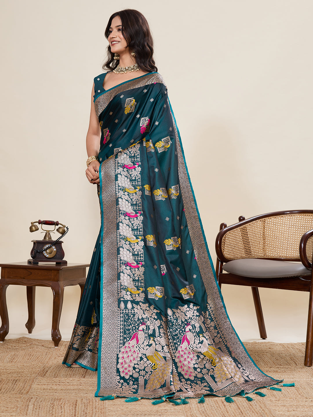 Rama Green Soft Satin Silk Saree With Zari Weaving Work And Paithani Pallu