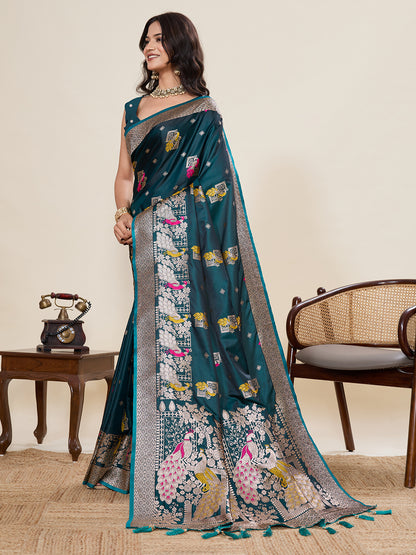 Rama Green Soft Satin Silk Saree With Zari Weaving Work And Paithani Pallu