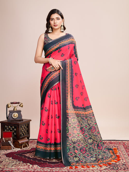 Pink Soft Linen Cotton Saree With Digital Printed Work