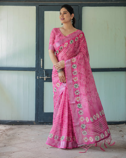 Babypink Soft Linen Cotton Saree With Digital Printed Work
