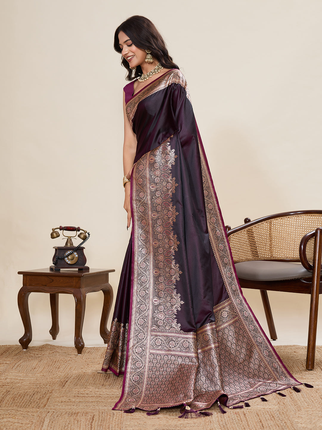 Maroon Soft Satin Silk Saree With Gala Border And Zari Weaving Work