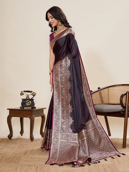 Maroon Soft Satin Silk Saree With Gala Border And Zari Weaving Work