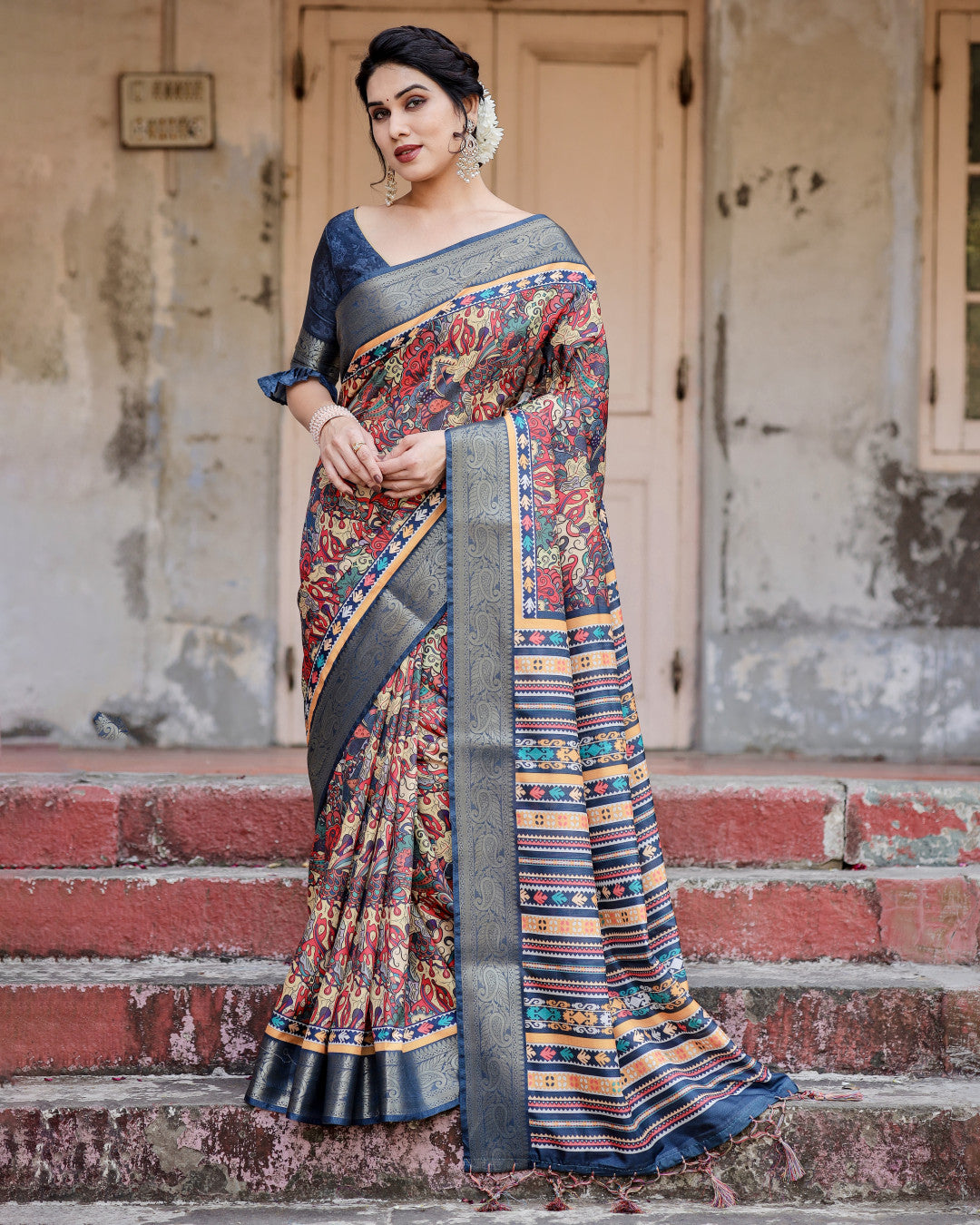 Multi Digital Kalamkari Printed Tussar Silk Saree With Zari Motif Border
