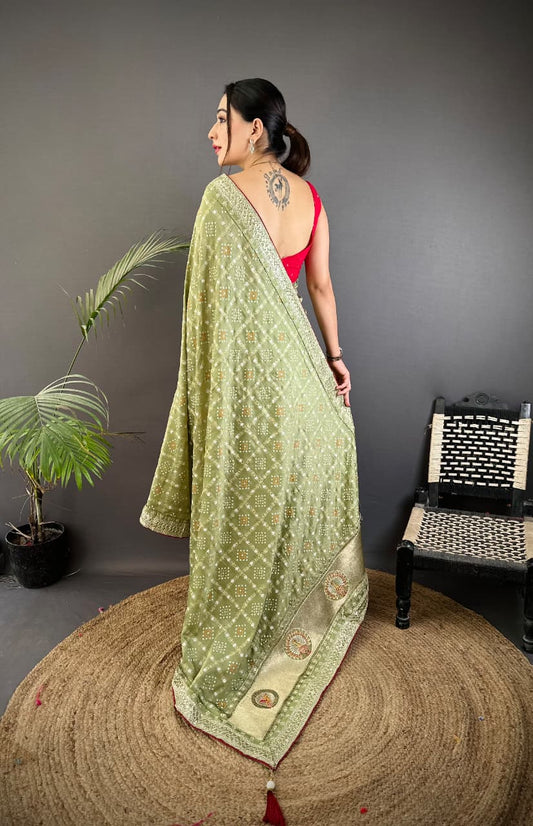 Parrot Green Traditional Blooming Vichitra Khadi Bandhej Silk Saree With Sequence Work