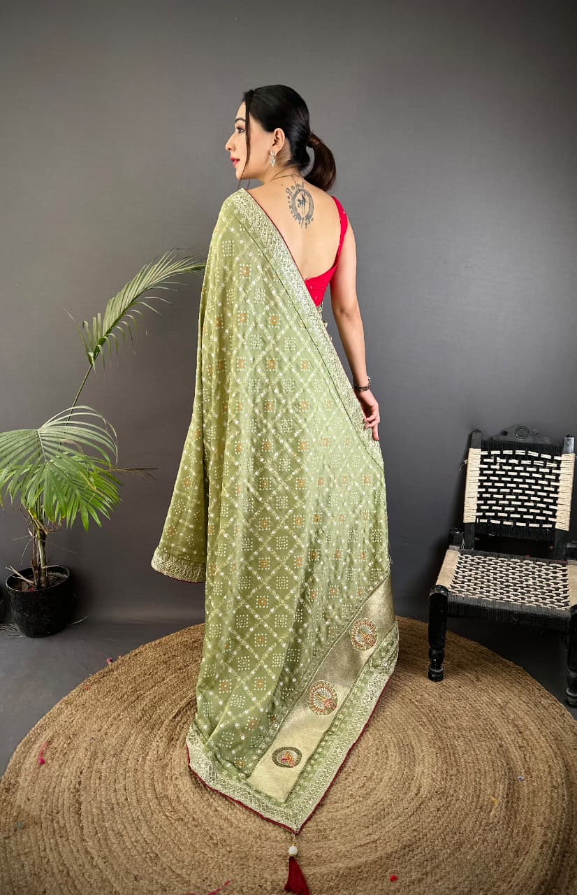 Parrot Green Traditional Blooming Vichitra Khadi Bandhej Silk Saree With Sequence Work
