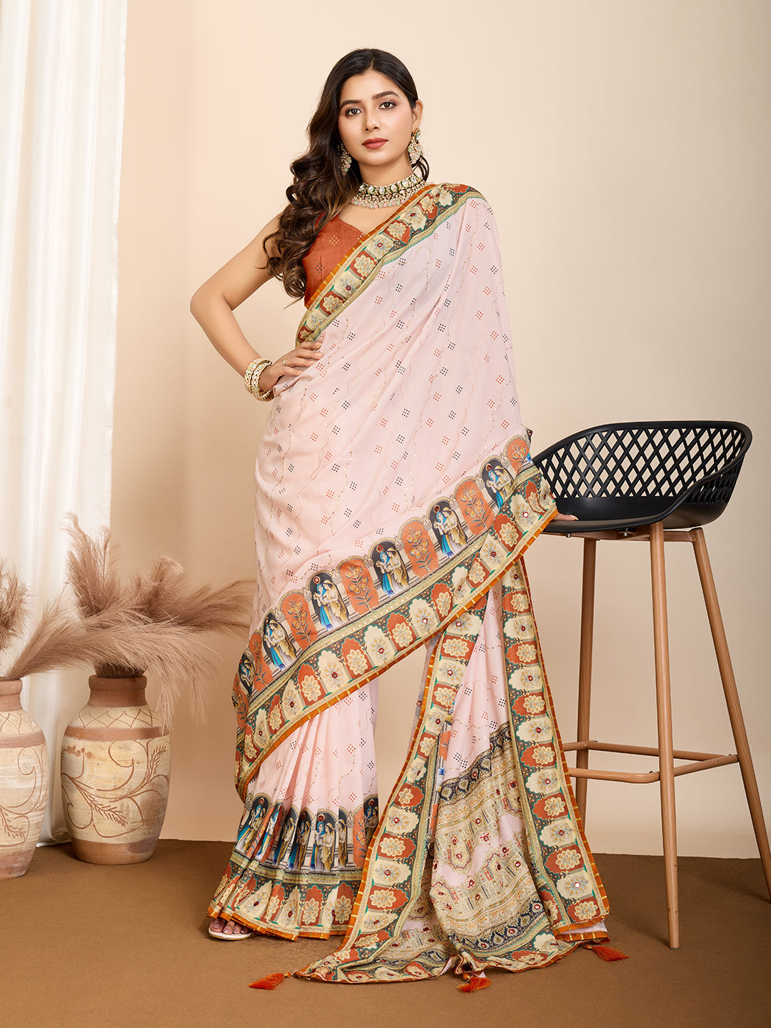 Peach Fancy Muslin Cotton Saree With Digital Printed Work