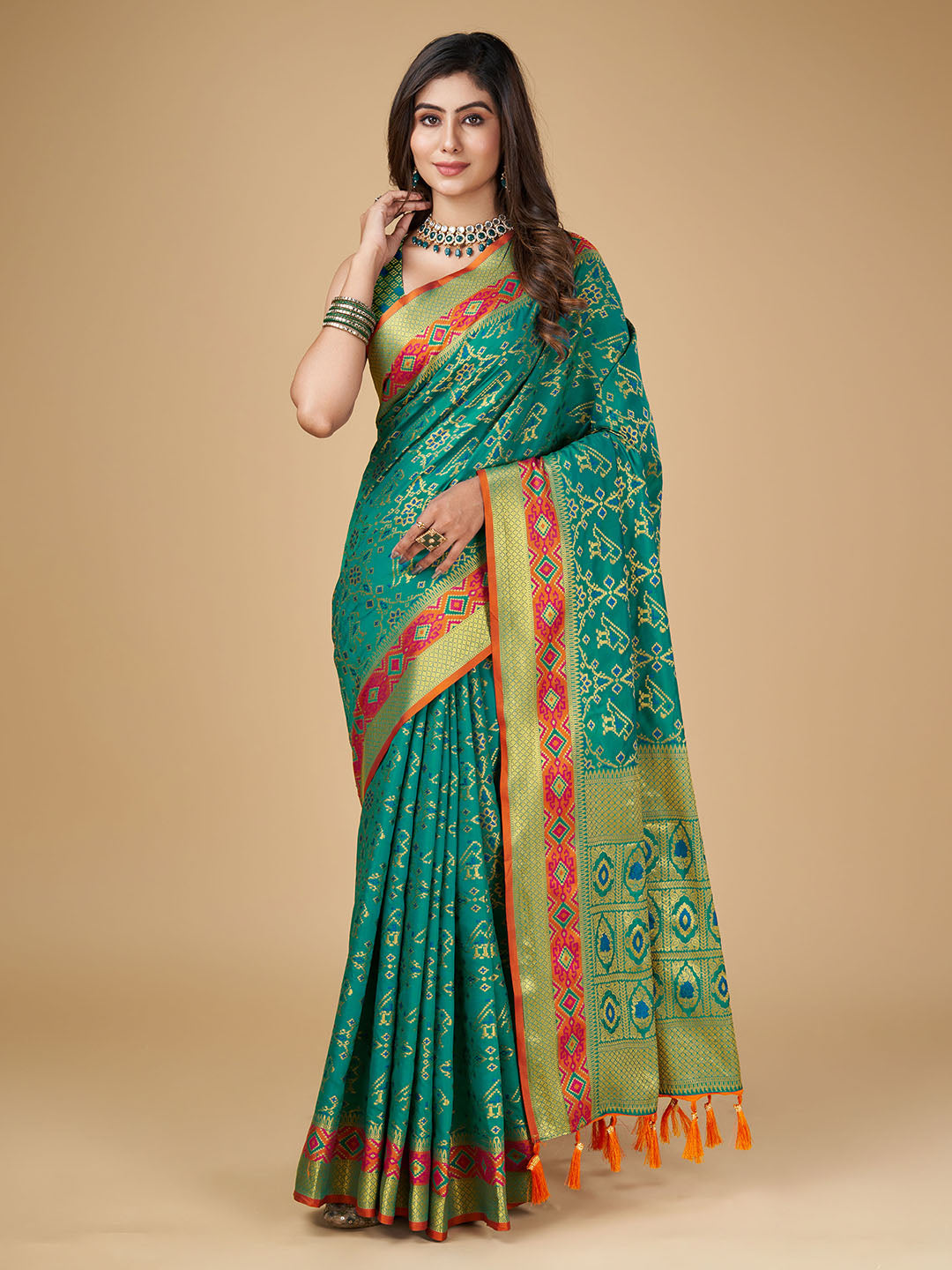 Rama Green Color Patola Silk Saree With Zari Weaving Work