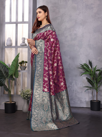 Wine Premium Banarasi Silk Saree With Zari Weaving Work