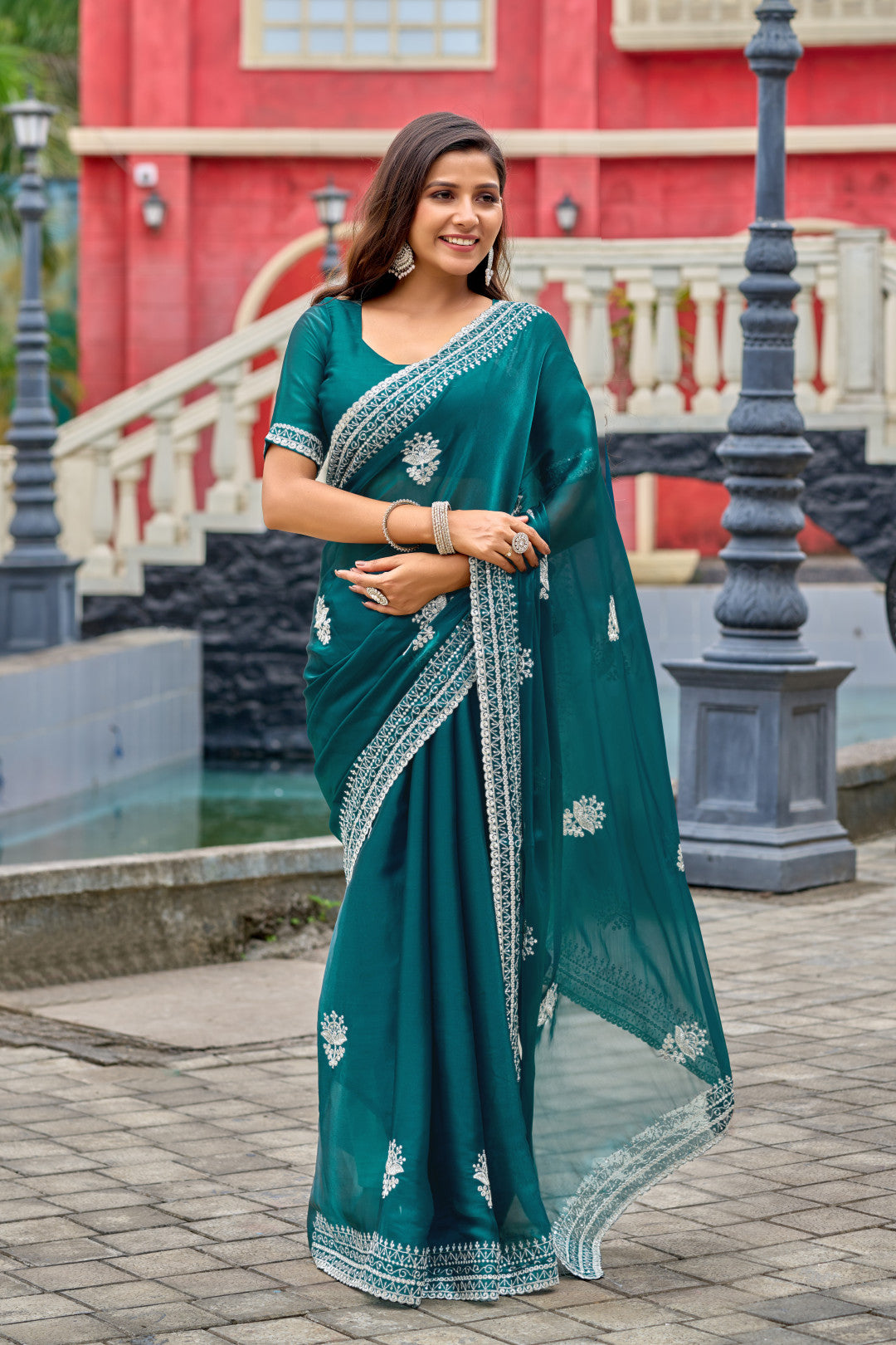 Rama Green Fancy Shimmer Chiffon Saree With Embroidery Work