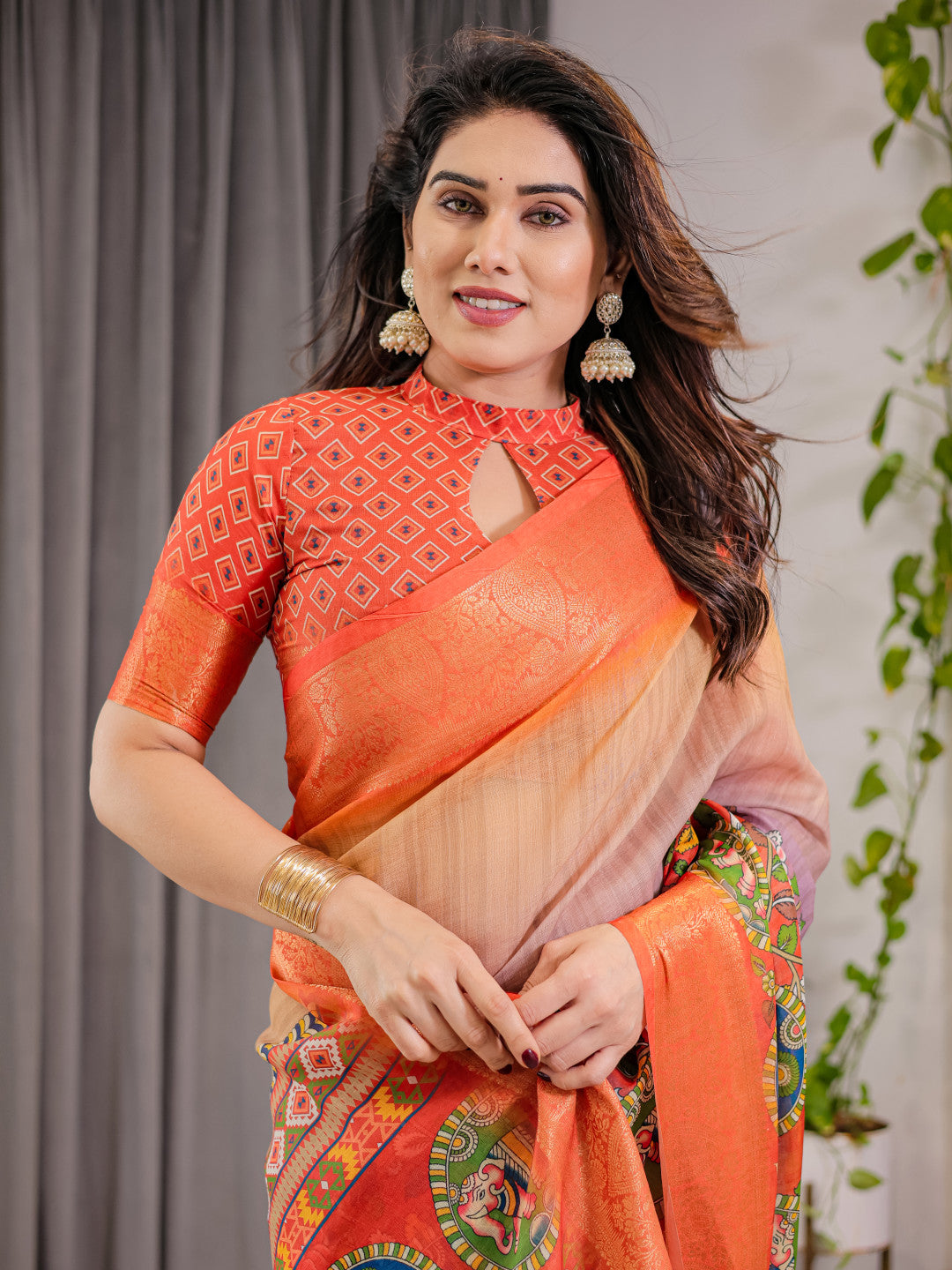 Kalamkari Digital Printed Linen Cotton Saree