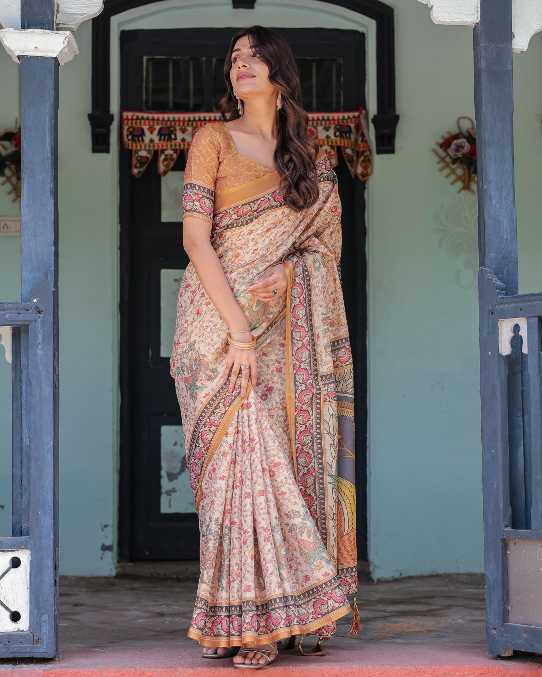 Kalamkari Digital Printed Linen Cotton Saree