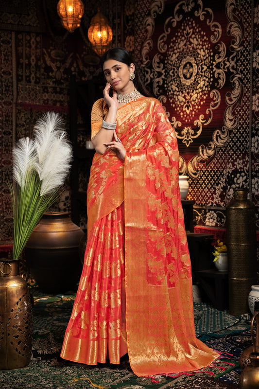 Red Jimmy Choo Saree With Weaving Work