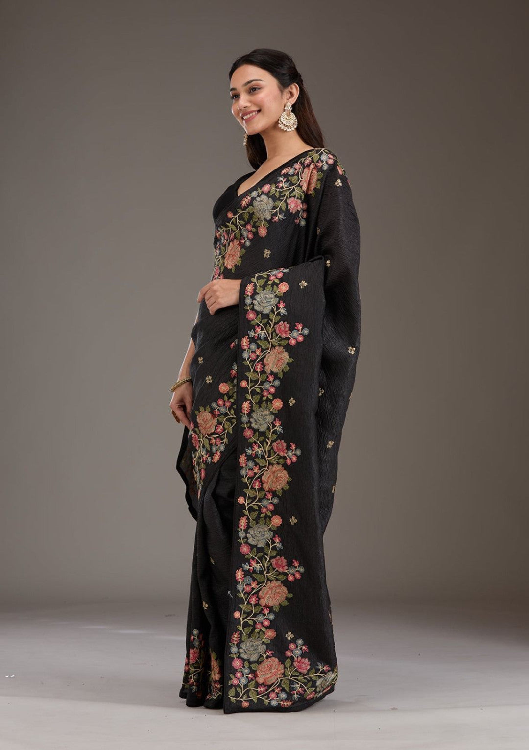 Black Fancy Crunchy Silk Saree With Multi Thread Work And Piping Lace Border