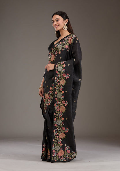 Black Fancy Crunchy Silk Saree With Multi Thread Work And Piping Lace Border