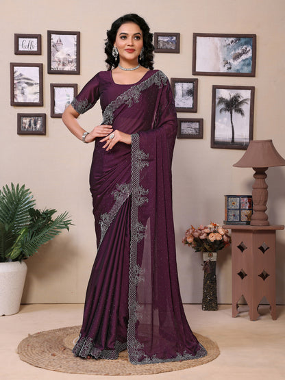 Fancy Wine Rangoli Silk Saree With Diamond Work