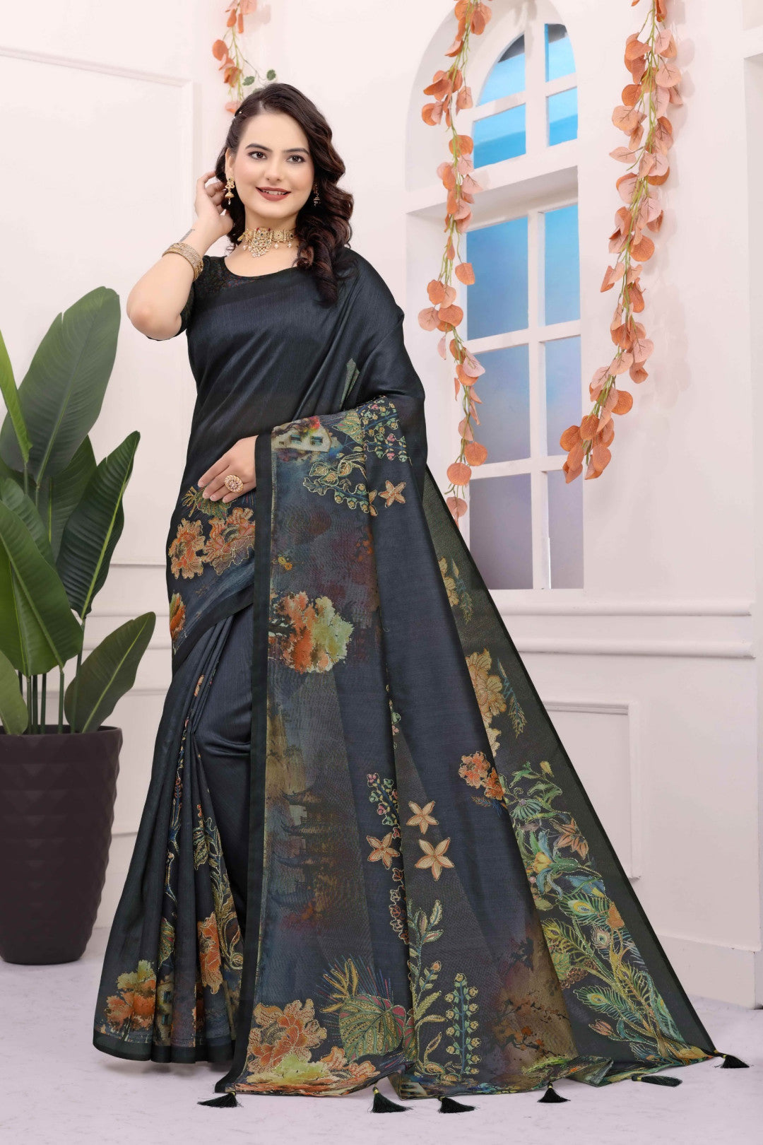 Black Kalamkari Printed Premium Tussar Silk Saree