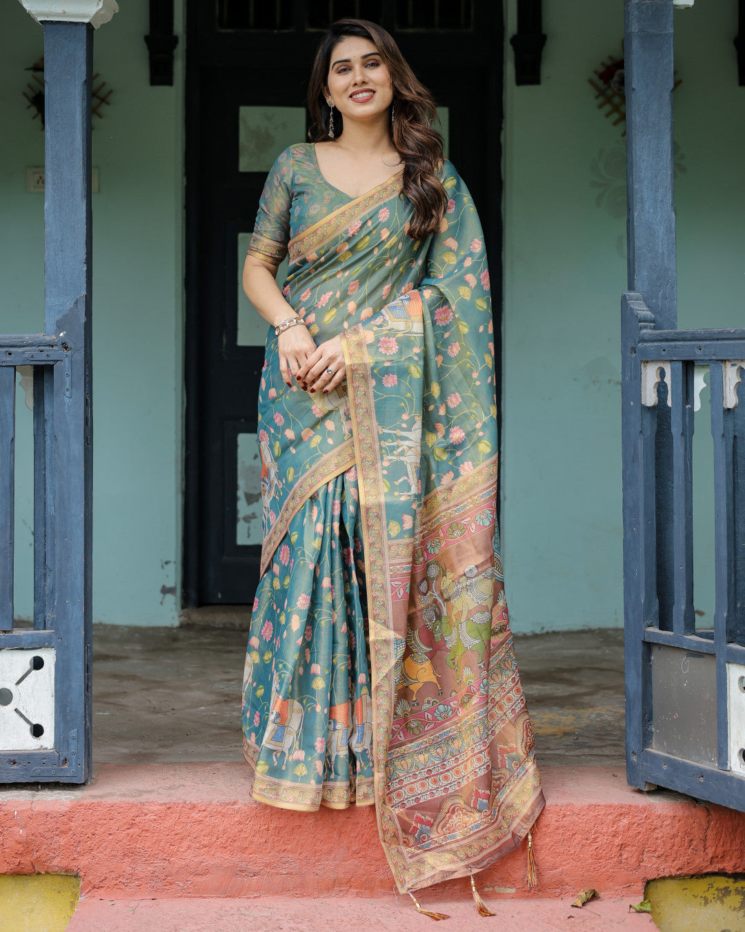 Multi Kalamkari Digital Printed Linen Cotton Saree