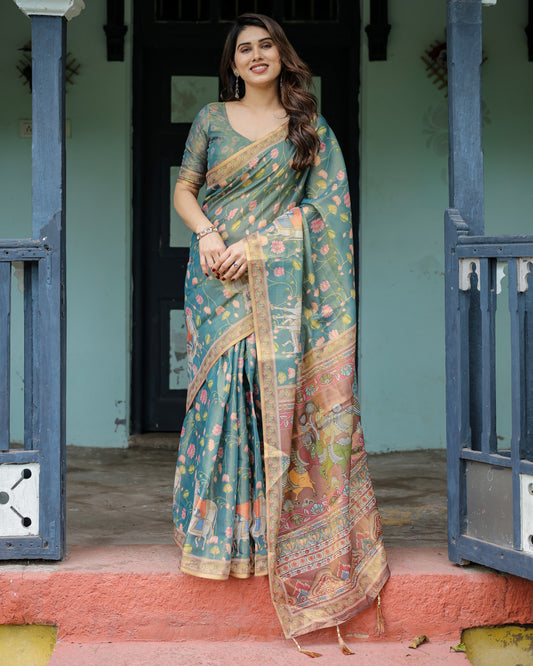 Multi Kalamkari Digital Printed Linen Cotton Saree