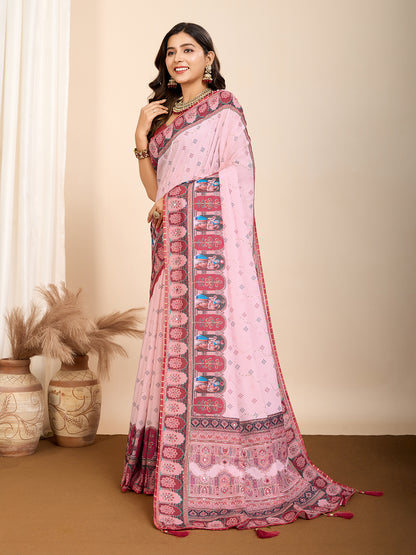 Baby Pink Fancy Muslin Cotton Saree With Digital Printed Work