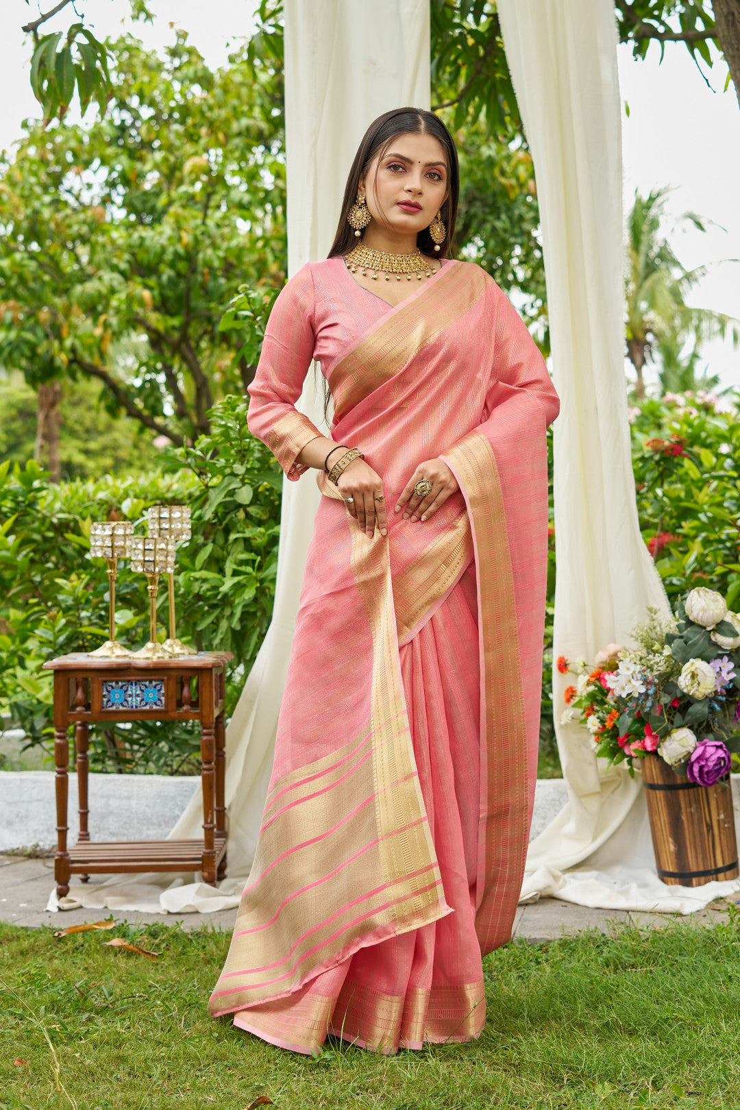 Peach Colour Linen Cotton Saree With Zari Weaving Border