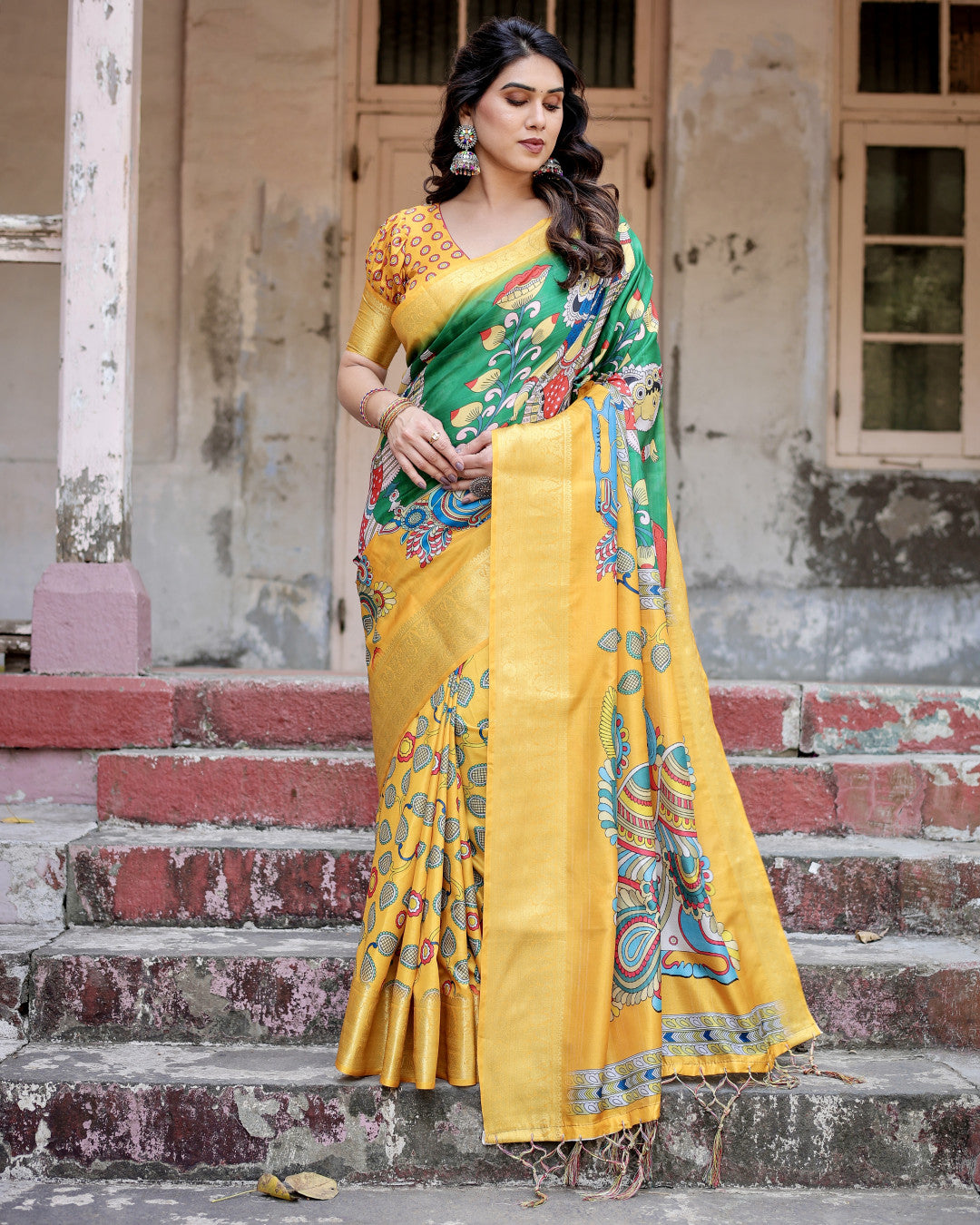 Multi Kalamkari Digital Printed Tussar Silk Saree With Zari Motif Border