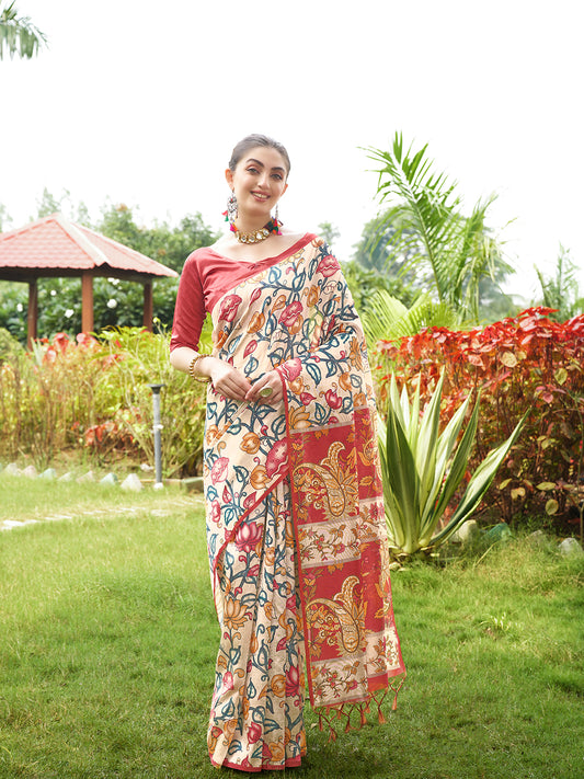Red Kalamkari Printed Designer Tussar Silk Saree