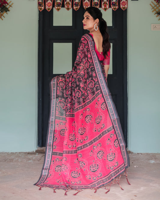 Multi Soft Linen Cotton Saree With Digital Printed Work