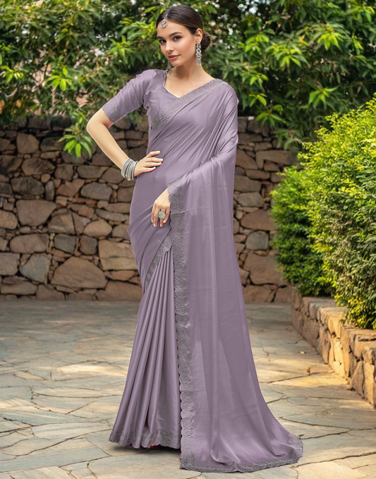 Party Wear Lavender Satin Silk Fancy Saree With Siroski Work
