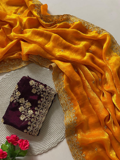 Orange Fancy Space Silk Saree With Embroidery & Moti Work