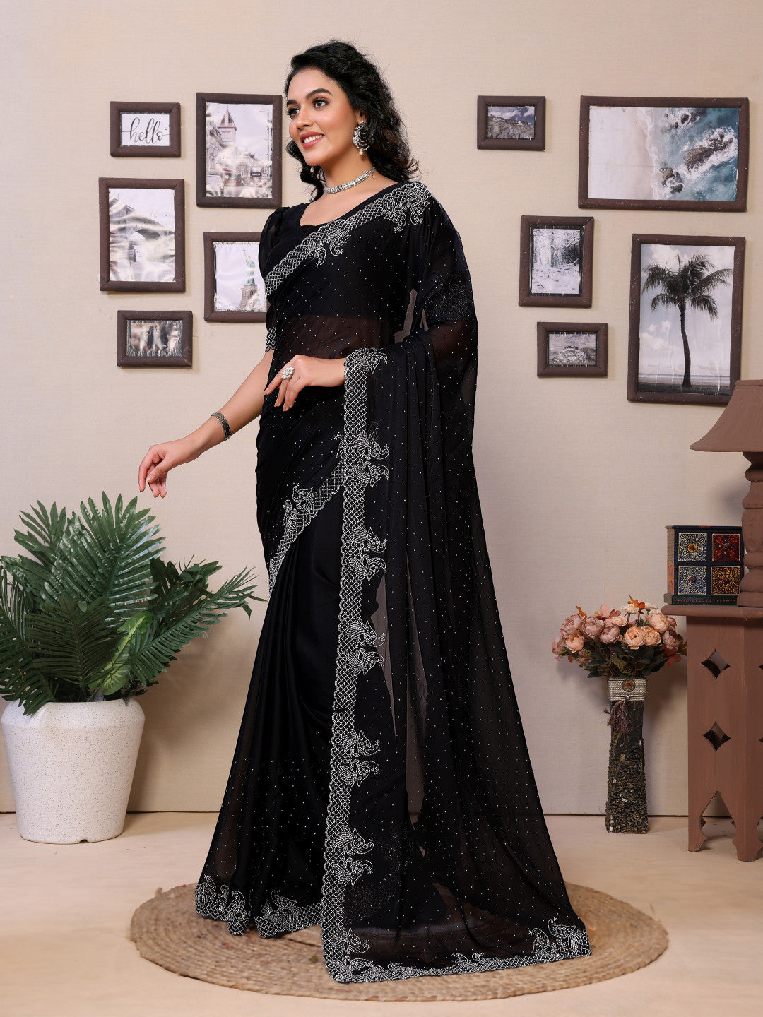 Fancy Black Rangoli Silk Saree With Diamond Work