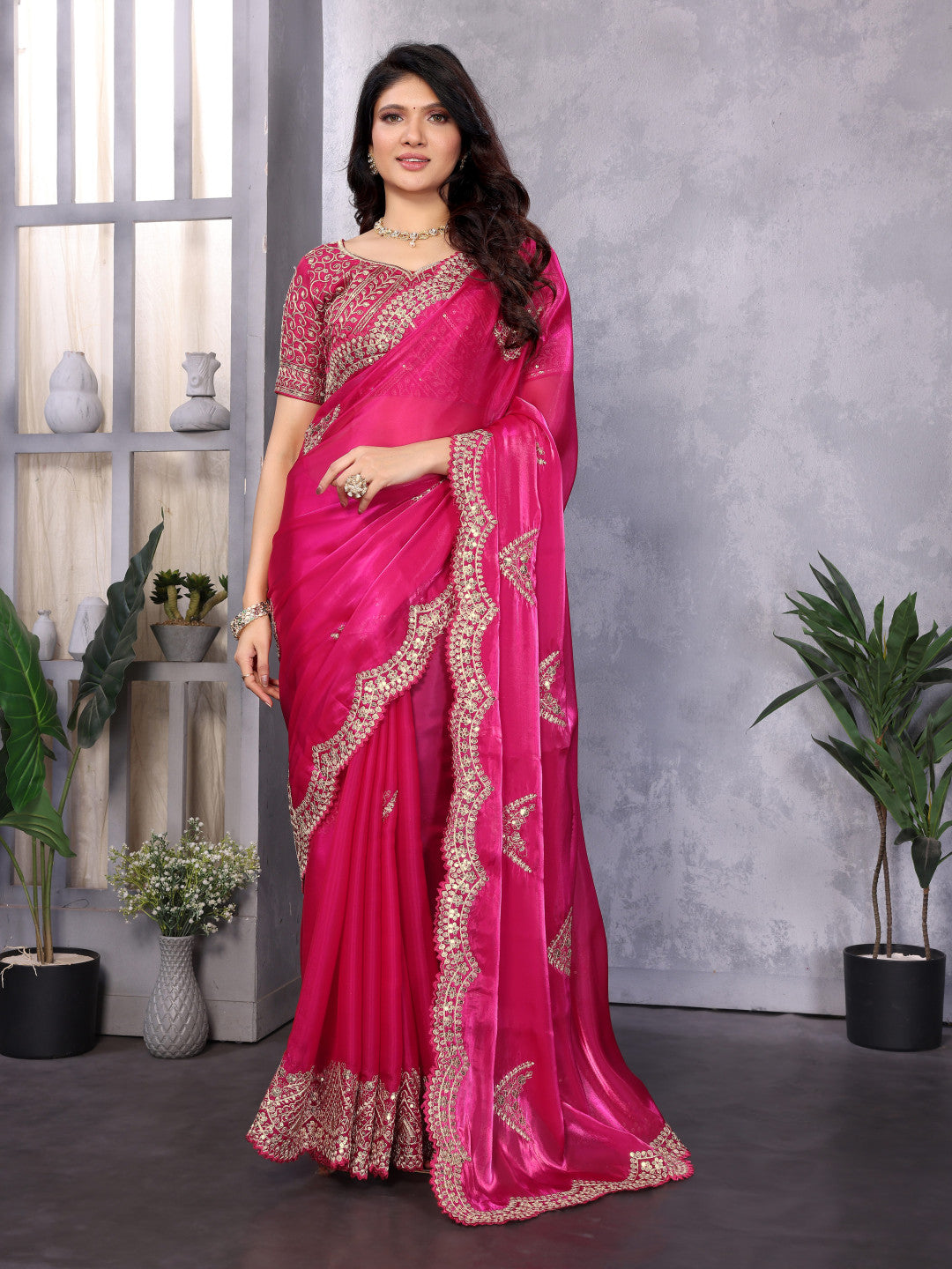 Pink Fancy Shimmer Chiffon Saree With Embroidery Work