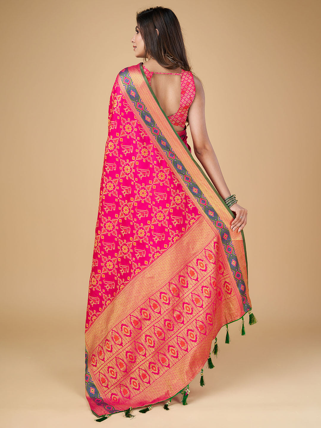 Pink Color Patola Silk Saree With Zari Weaving Work