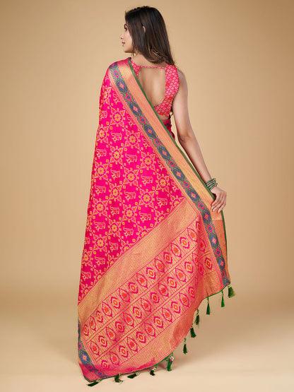 Pink Color Patola Silk Saree With Zari Weaving Work