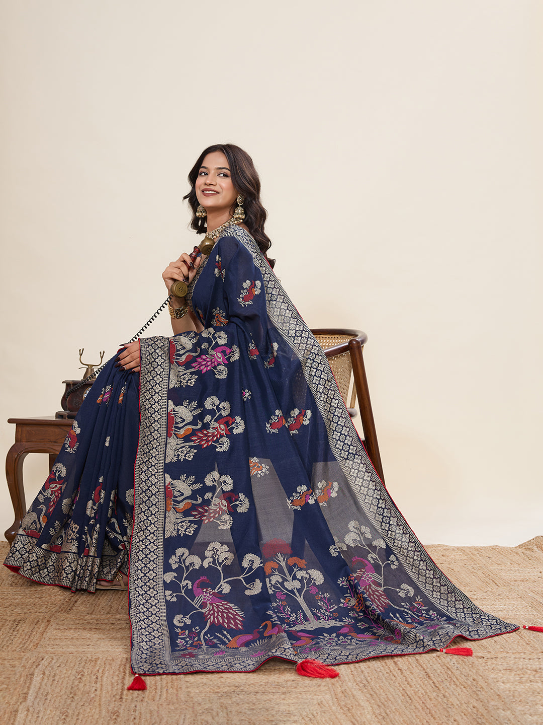 Navy Blue Cotton Saree With Table Printed And Foil Work With Pipeing Border