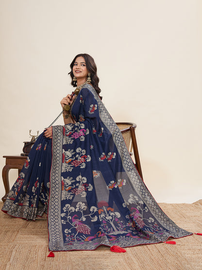 Navy Blue Cotton Saree With Table Printed And Foil Work With Pipeing Border