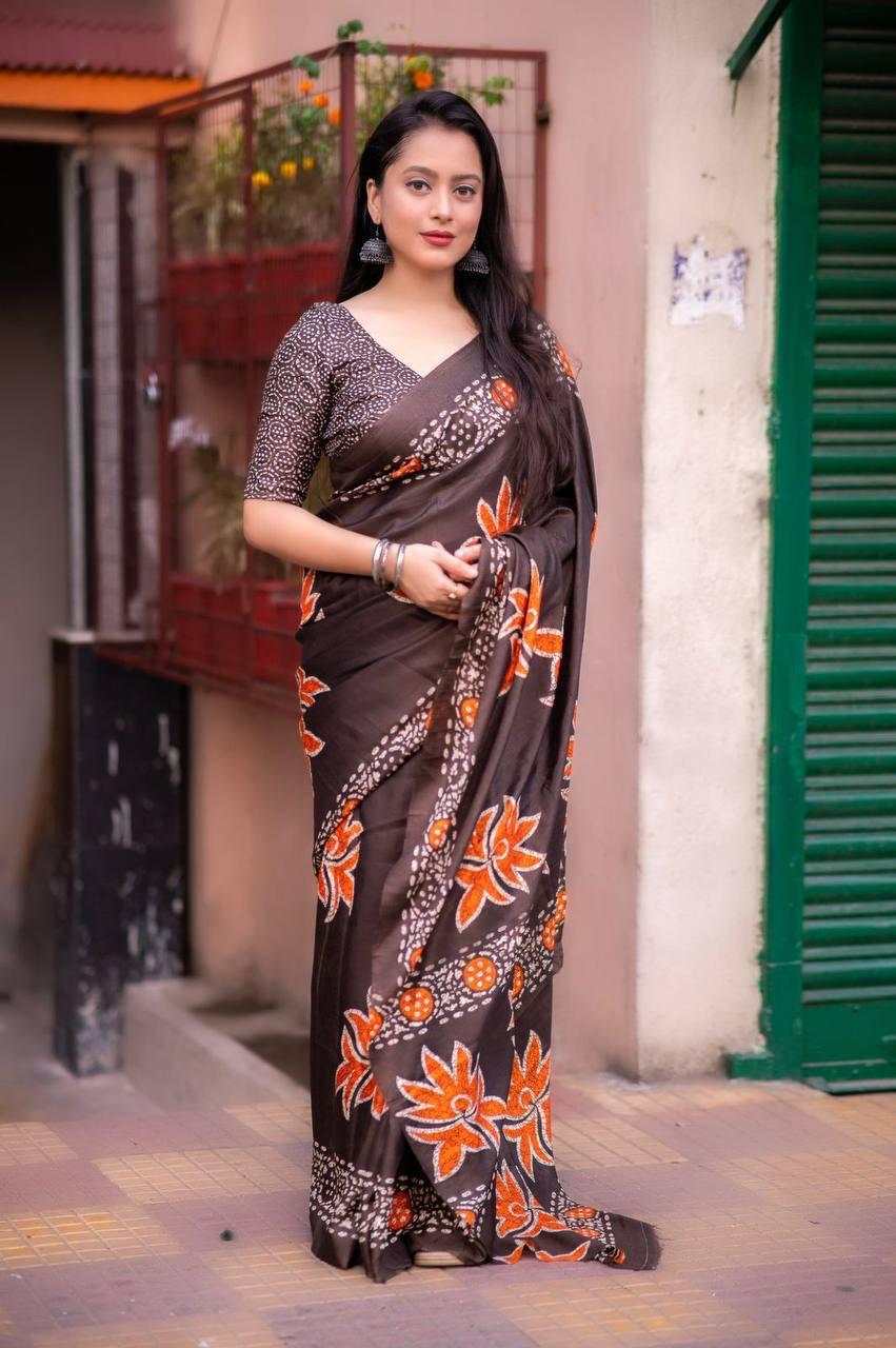 Coffee Soft Linen Cotton Saree With Digital Printed Work