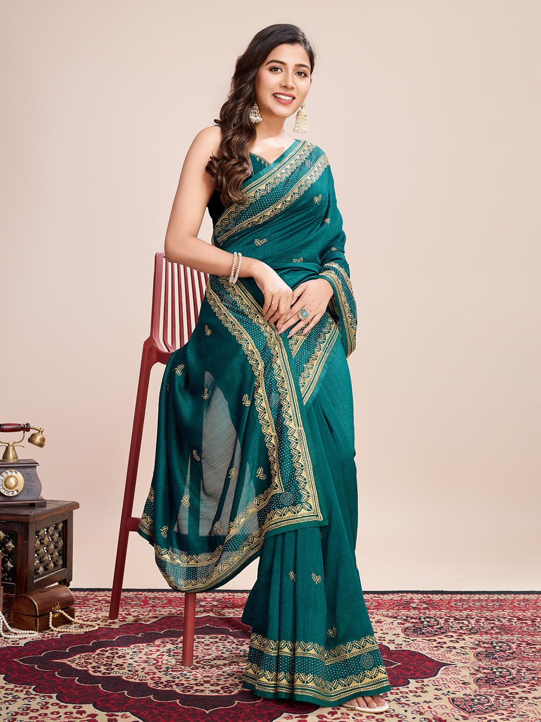Fancy Rama Green Soft Vichitra Silk Saree With Embroidery Work